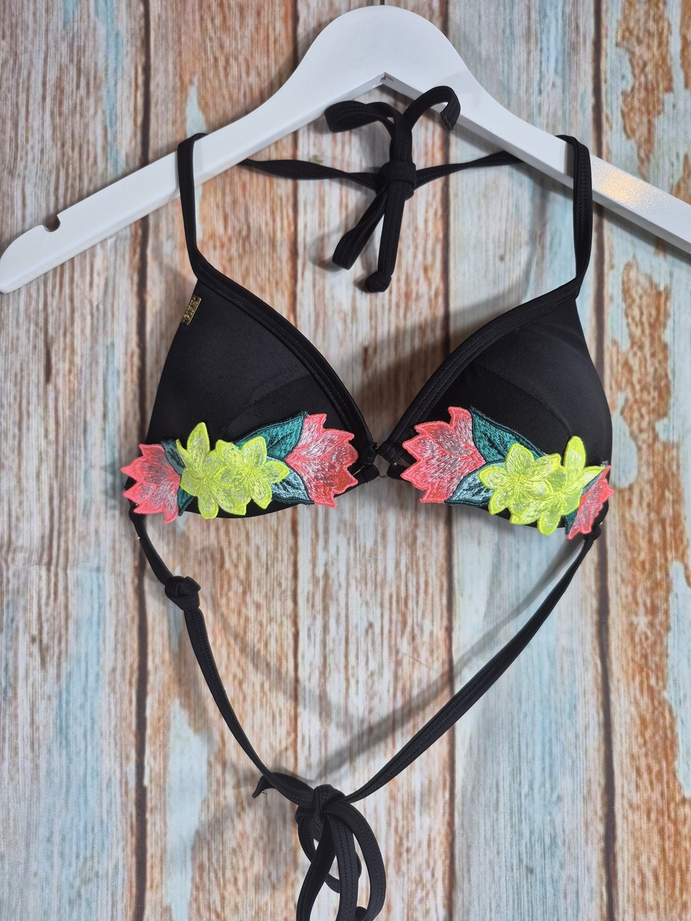 PINK Victoria's Secret Black Bikini Top with Neon Floral Appliqué